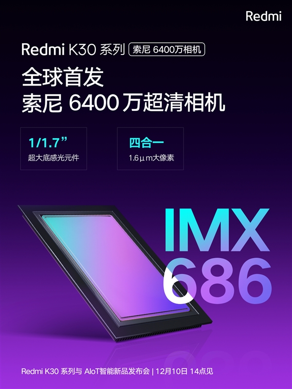 Redmi K30首发索尼IMX686：1.6μm大像素/支持硬件级直出6400万